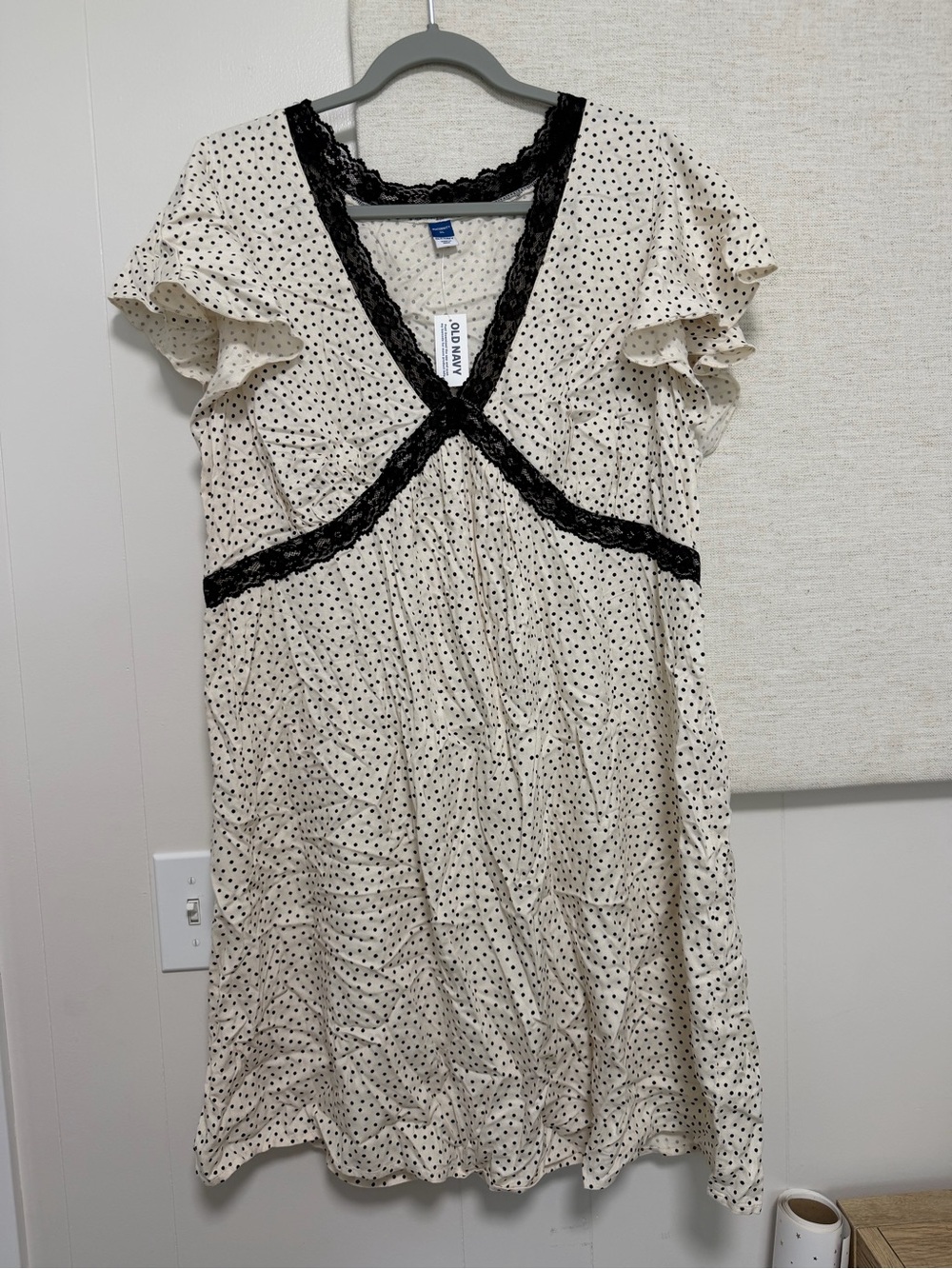 Old Navy Cream Mini Dress with Black Polka Dots and Black Lace Trim